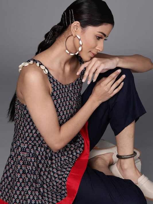 Navy Blue Cotton Printed Dress - Inddus.com