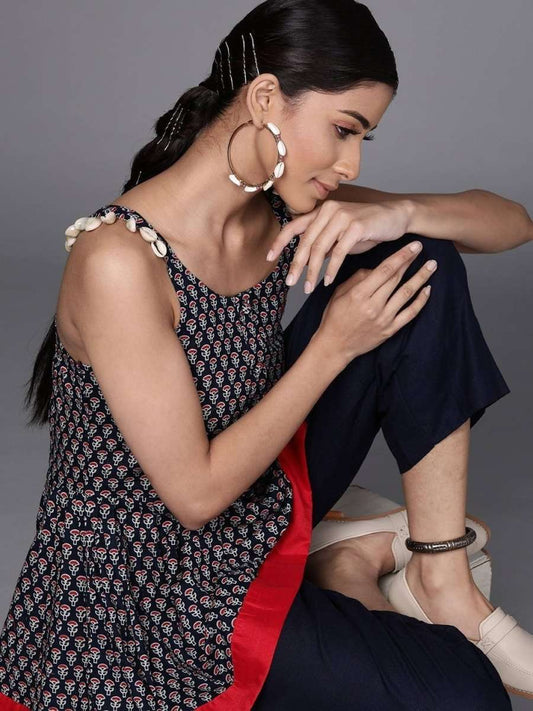 Navy Blue Cotton Printed Dress - Inddus.com