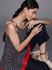 Navy Blue Cotton Printed Dress - Inddus.com