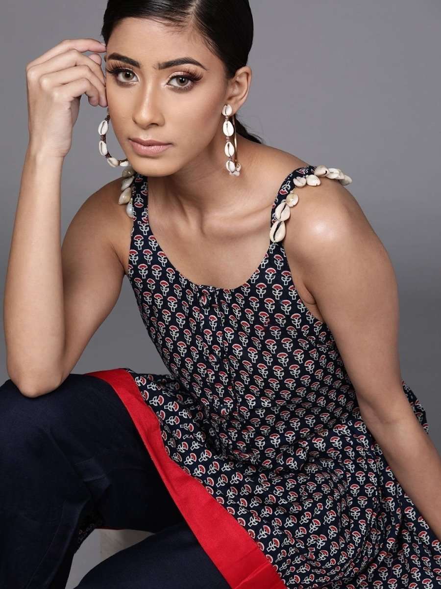 Navy Blue Cotton Printed Dress - Inddus.com