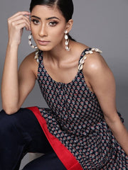 Navy Blue Cotton Printed Dress - Inddus.com