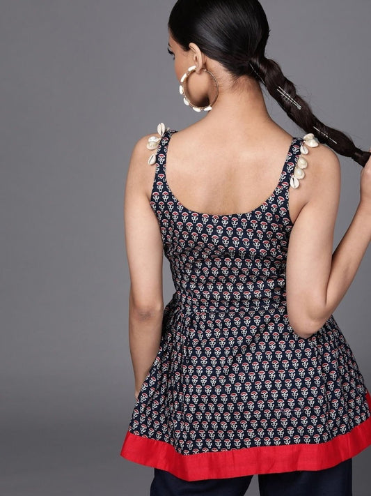 Navy Blue Cotton Printed Dress - Inddus.com