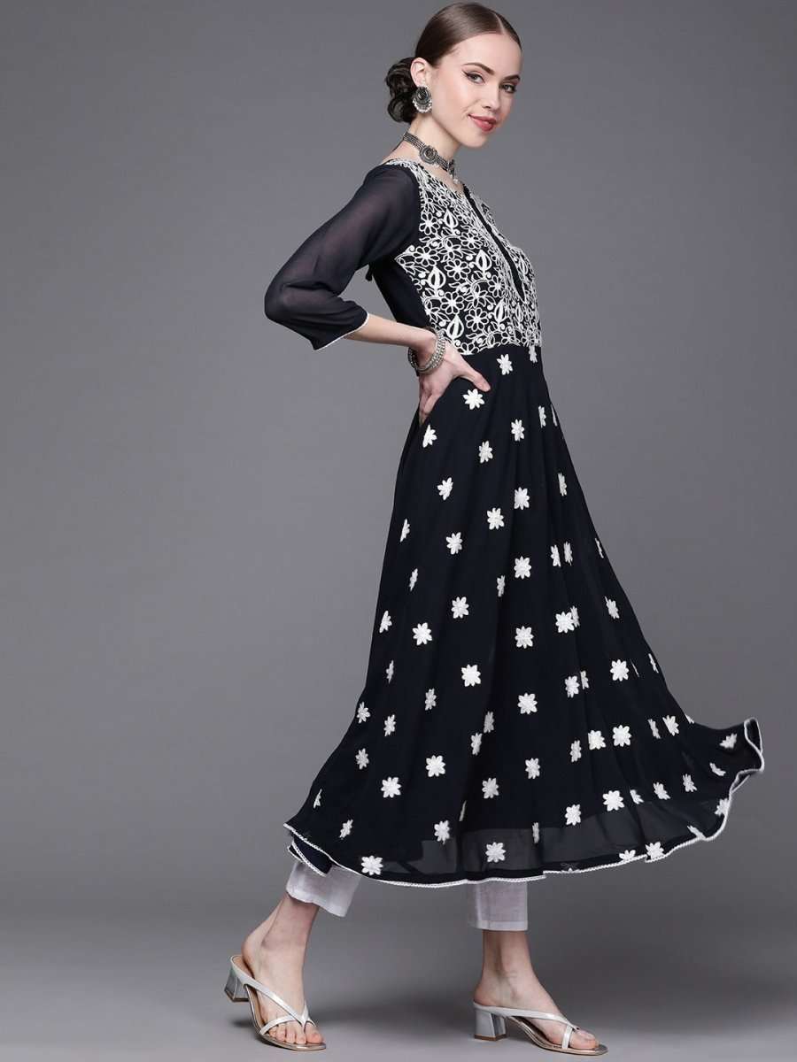 Navy Blue Embroidered Kurta - Inddus.com