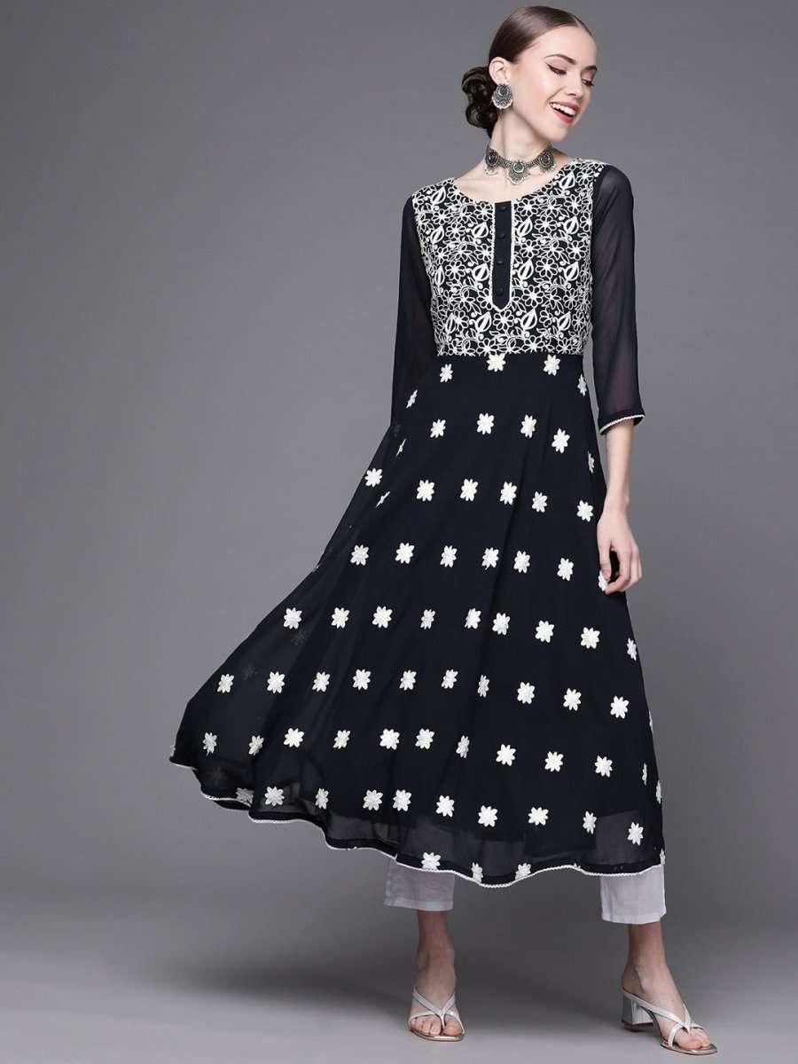 Navy Blue Embroidered Kurta - Inddus.com