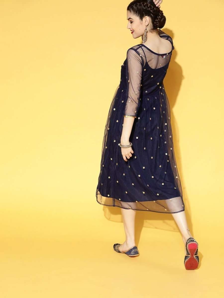 Navy Blue Embroidered Net Fit and Flare Dress - Inddus.com