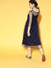 Navy Blue Embroidered Net Fit and Flare Dress - Inddus.com