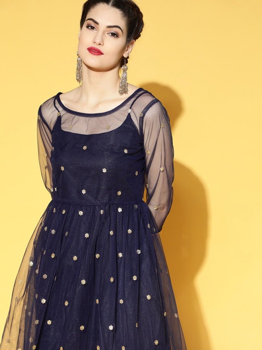 Navy Blue Embroidered Net Fit and Flare Dress - Inddus.com