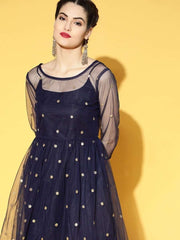 Navy Blue Embroidered Net Fit and Flare Dress - Inddus.com