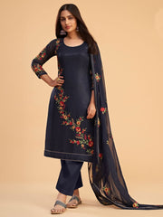 Navy Blue Embroidered Partywear Straight-Cut-Suit - Inddus.com