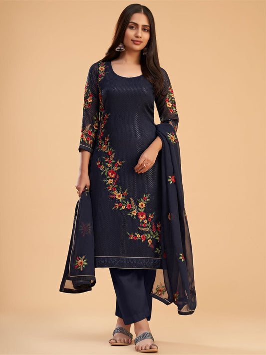 Navy Blue Embroidered Partywear Straight-Cut-Suit - Inddus.com