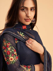 Navy Blue Embroidered Partywear Straight-Cut-Suit - Inddus.com