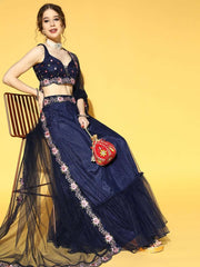 Navy Blue Embroidered Semi-Stitched Net Lehenga & Unstitched Choli With Dupatta - Inddus.com