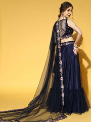 Navy Blue Embroidered Semi-Stitched Net Lehenga & Unstitched Choli With Dupatta - Inddus.com