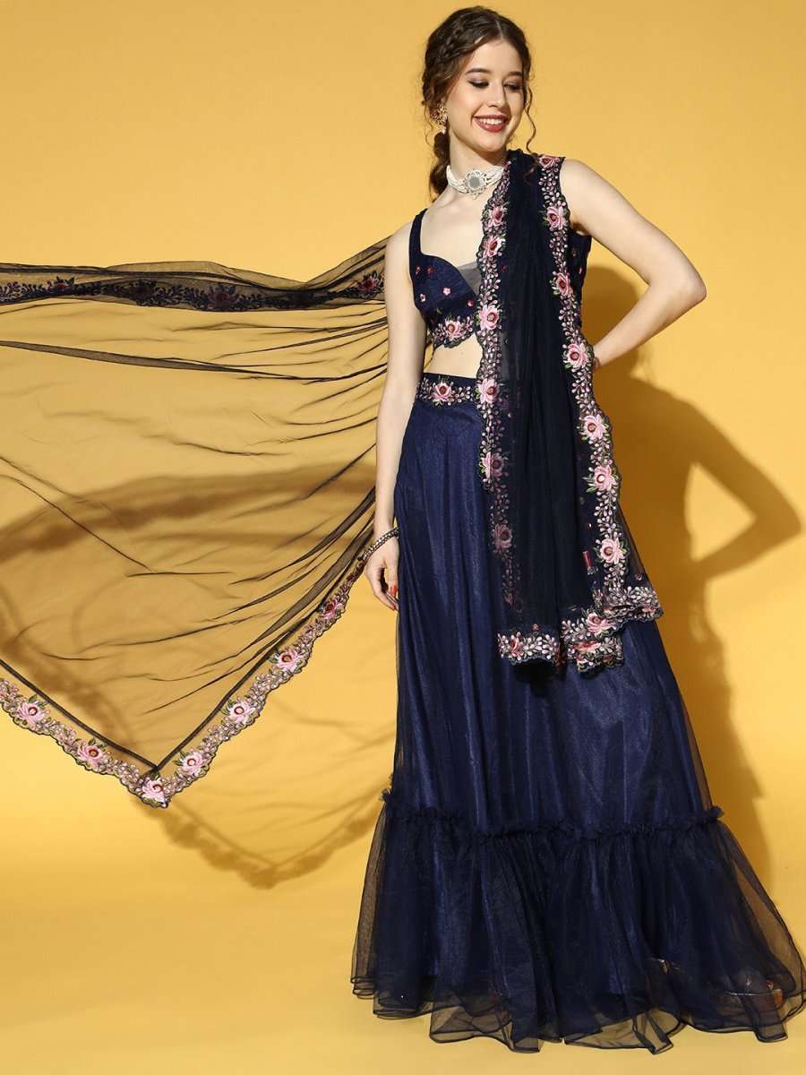 Navy Blue Embroidered Semi-Stitched Net Lehenga & Unstitched Choli With Dupatta - Inddus.com