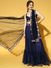 Navy Blue Embroidered Semi-Stitched Net Lehenga & Unstitched Choli With Dupatta - Inddus.com