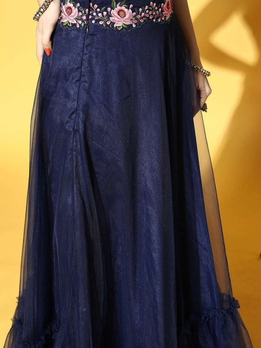 Navy Blue Embroidered Semi-Stitched Net Lehenga & Unstitched Choli With Dupatta - Inddus.com
