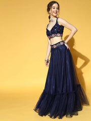 Navy Blue Embroidered Semi-Stitched Net Lehenga & Unstitched Choli With Dupatta - Inddus.com