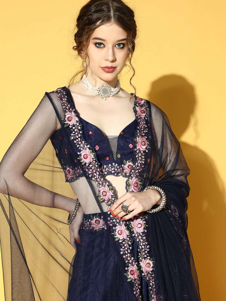 Navy Blue Embroidered Semi-Stitched Net Lehenga & Unstitched Choli With Dupatta - Inddus.com