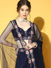 Navy Blue Embroidered Semi-Stitched Net Lehenga & Unstitched Choli With Dupatta - Inddus.com