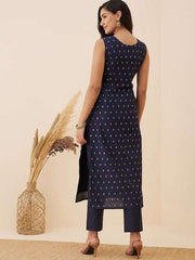 Navy blue Ethnic Motif Woven Design Straight Kurta with Trousers - Inddus.com