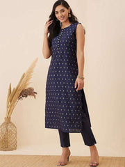 Navy blue Ethnic Motif Woven Design Straight Kurta with Trousers - Inddus.com