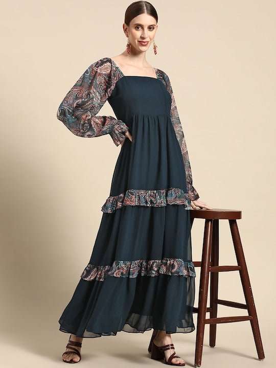 Navy Blue Ethnic Motifs Printed Ruffle Detail Maxi Dress - Inddus.com