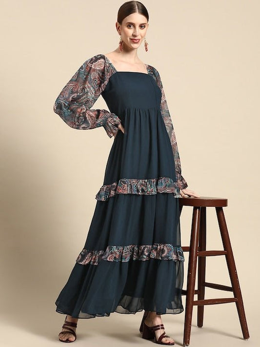 Navy Blue Ethnic Motifs Printed Ruffle Detail Maxi Dress - Inddus.com