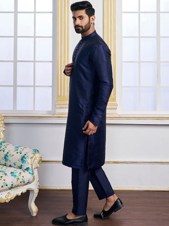 Navy Blue Ethnic Motifs Woven Design Kurta with Trousers - Inddus.com