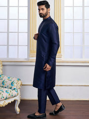 Navy Blue Ethnic Motifs Woven Design Kurta with Trousers - Inddus.com