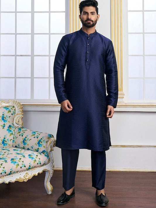 Navy Blue Ethnic Motifs Woven Design Kurta with Trousers - Inddus.com