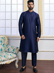 Navy Blue Ethnic Motifs Woven Design Kurta with Trousers - Inddus.com