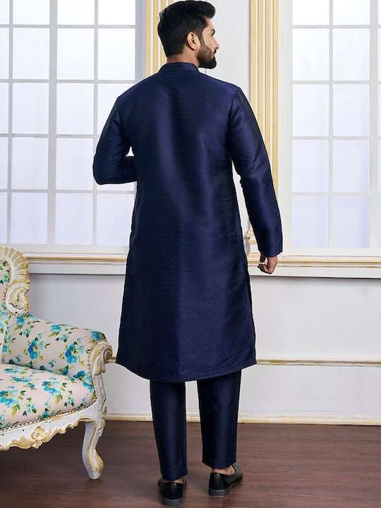 Navy Blue Ethnic Motifs Woven Design Kurta with Trousers - Inddus.com