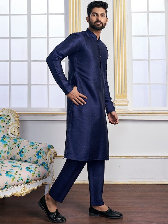 Navy Blue Ethnic Motifs Woven Design Kurta with Trousers - Inddus.com