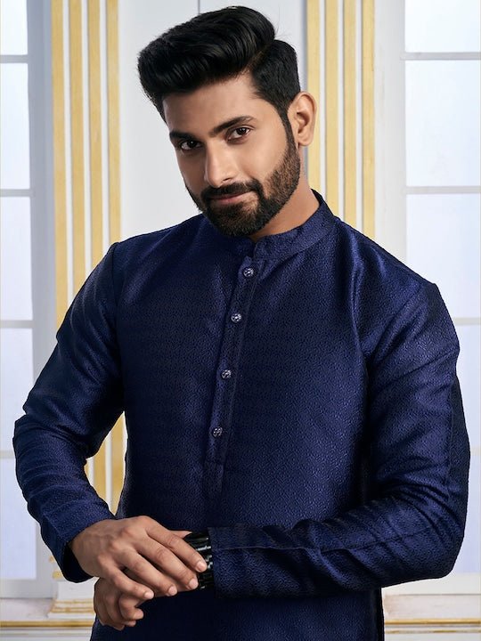 Navy Blue Ethnic Motifs Woven Design Kurta with Trousers - Inddus.com