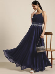 Navy Blue Fit and Flared Gown with Embellished Belt - Inddus.com