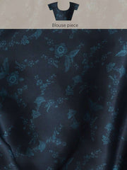 Navy Blue Floral Beads and Stones Satin Saree - Inddus.com