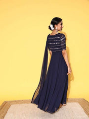 Navy Blue Floral Embroidered Georgette Maxi Draped Dress - Inddus.com