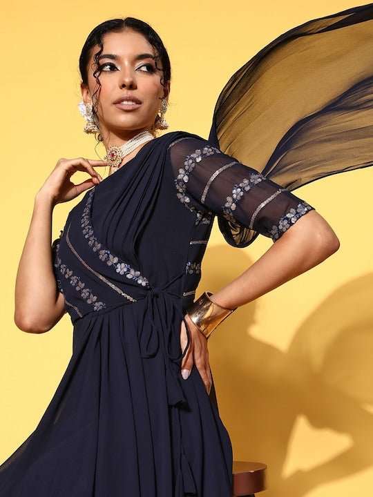 Navy Blue Floral Embroidered Georgette Maxi Draped Dress - Inddus.com
