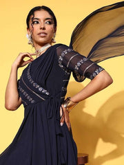 Navy Blue Floral Embroidered Georgette Maxi Draped Dress - Inddus.com