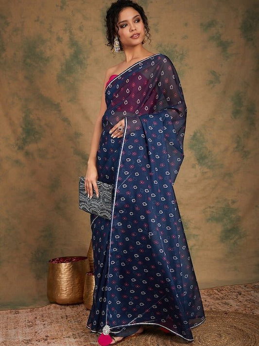 Navy blue Floral Printed Organza Saree