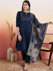 Navy blue Geometric Yoke Design Regular Gotta Patti Kurta With Trousers & Dupatta - Inddus.com