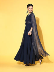 Navy Blue Georgette Partywear Solid Dresses - Inddus.com