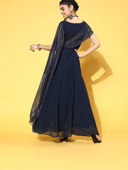 Navy Blue Georgette Partywear Solid Dresses - Inddus.com