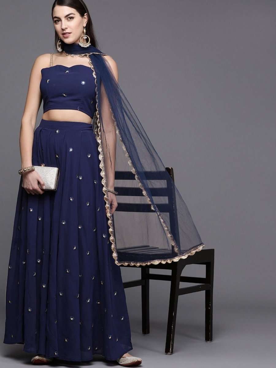 Navy Blue Georgette Sequins Lehenga Choli - inddus-us