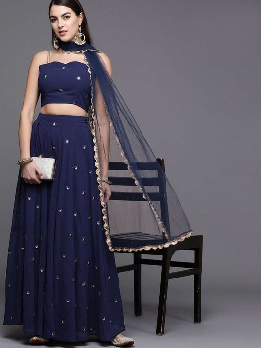 Navy Blue Georgette Sequins Lehenga Choli - inddus-us