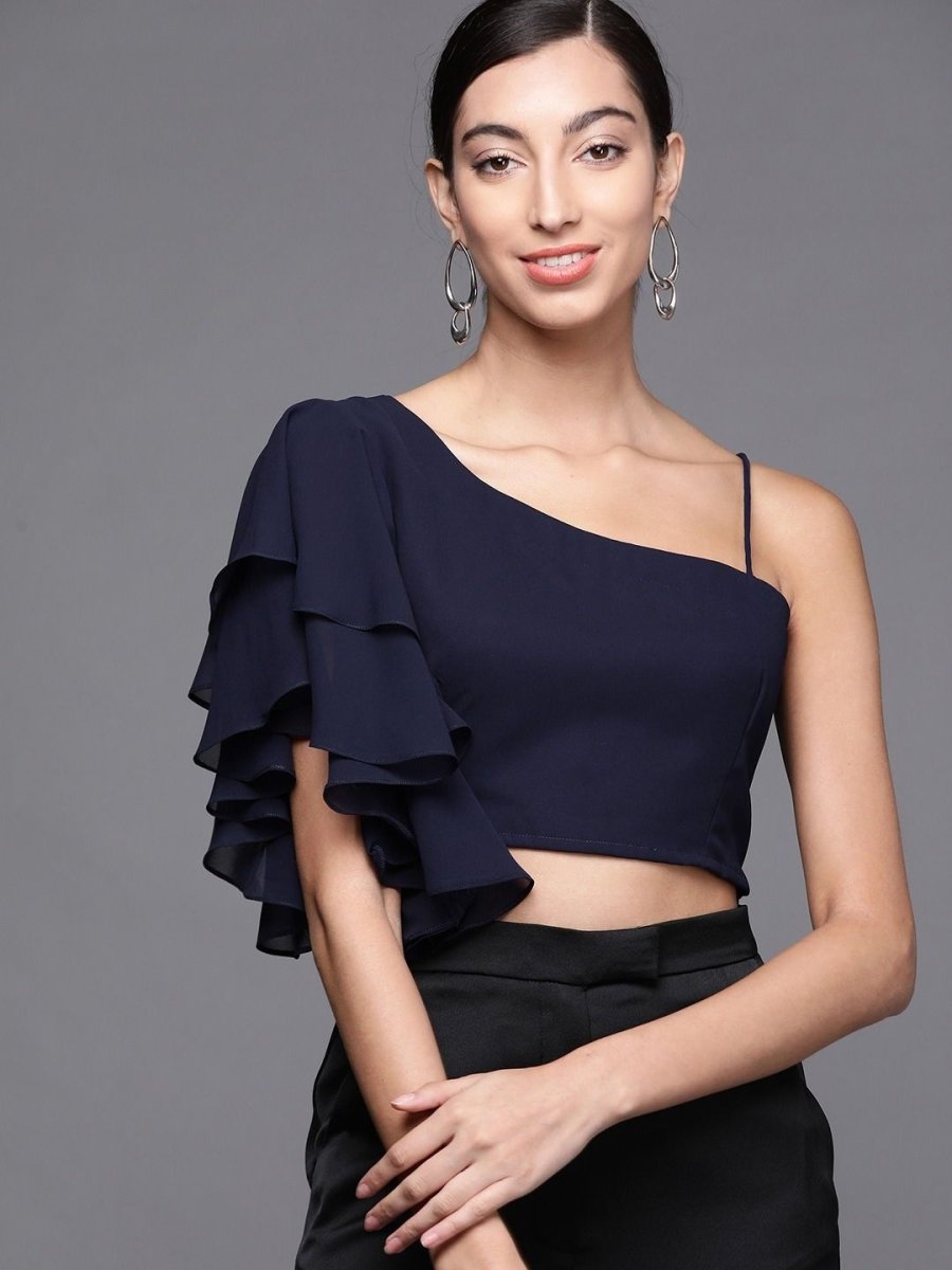 Navy Blue Georgette Solid Crop Top - inddus-us