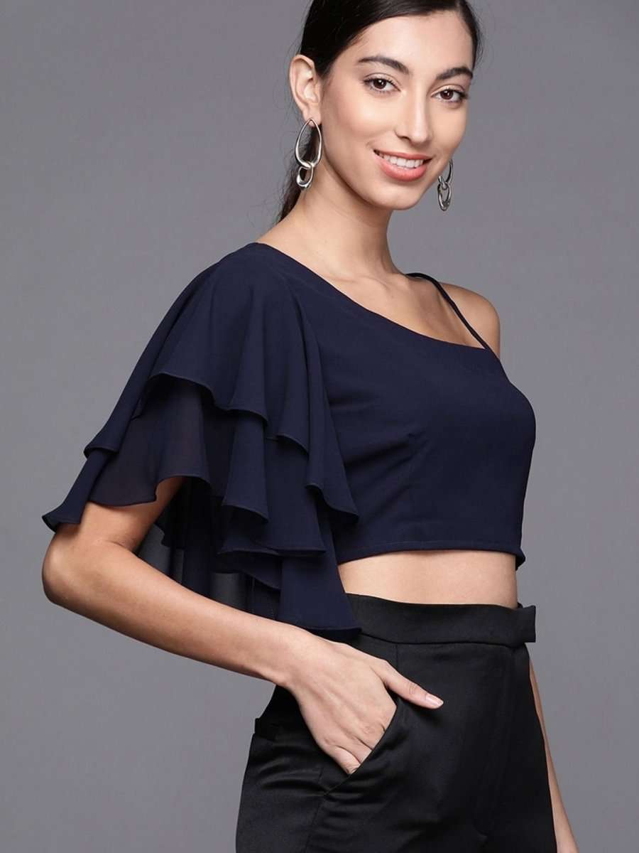 Navy Blue Georgette Solid Crop Top - inddus-us