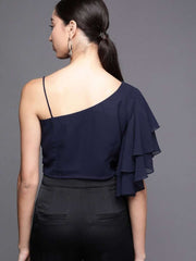 Navy Blue Georgette Solid Crop Top - inddus-us