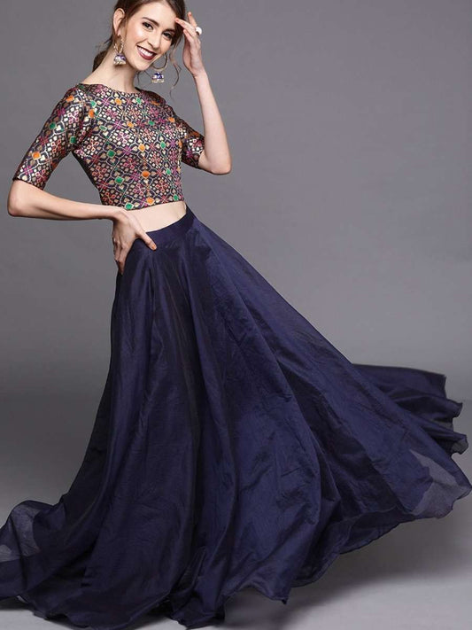Navy Blue & Gold-Toned Woven Design Chanderi Ready to Wear Lehenga with Blouse - inddus-us