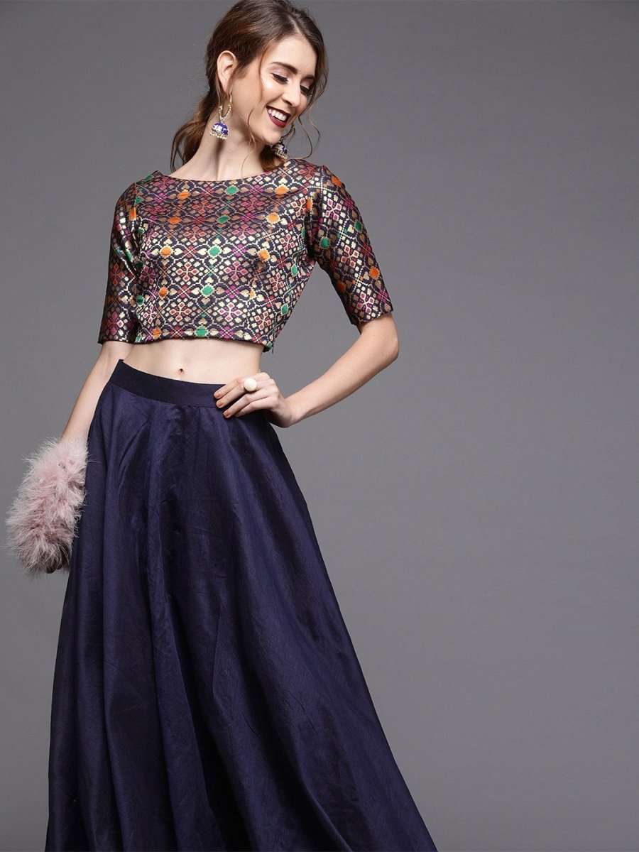 Navy Blue & Gold-Toned Woven Design Chanderi Ready to Wear Lehenga with Blouse - inddus-us